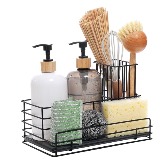 Rustproof Wire Kitchen basin Caddy with Quick-Dry Diatomite Mat Ventilated Countertop Organizer for Soap, Sponge & Brushes Detachable Side Basket Black, 24x14x9cm
