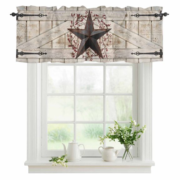Rusty Barn Star Doors Valances for Windows, Rod Pocket Kitchen Valance Curtains - Soft & Washable Small Window Treatment for Living Room, Bathroom, Berry Retro Rustic Walls 42x12inch, 1 Panel