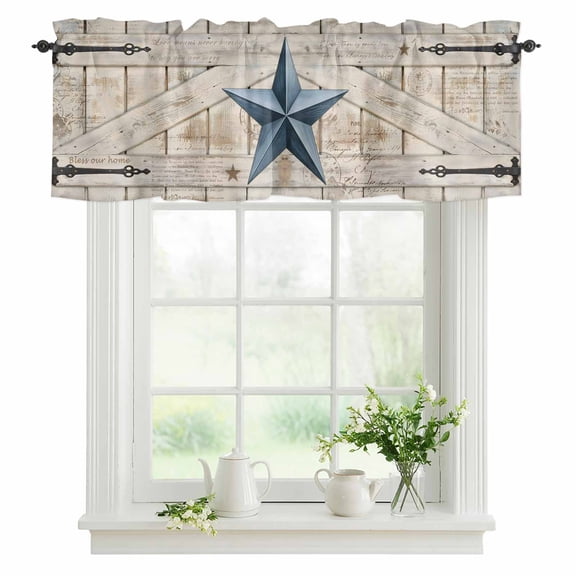 Rusty Barn Star Doors Valances for Windows, Rod Pocket Kitchen Valance Curtains - Soft & Washable Small Window Treatment for Living Room, Bathroom, Blue Retro Rustic Walls 42x12inch, 1 Panel