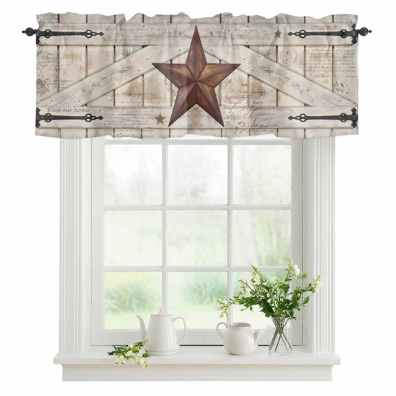 Rusty Barn Star Doors Valances for Windows, Rod Pocket Kitchen Valance Curtains - Soft & Washable Small Window Treatment for Living Room, Bathroom, Brown Retro Rustic Walls 42x12inch, 1 Panel