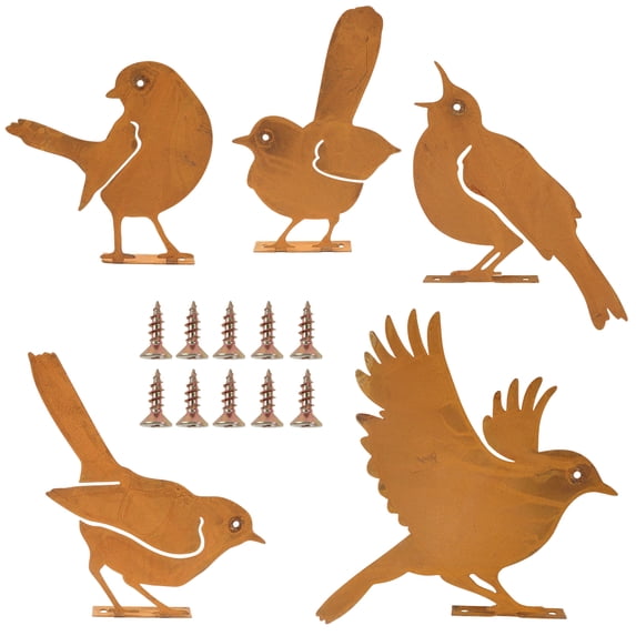 Rusty Birds Decoration Outdoor Bird Wall Decor Yard Decor Metal Birds Craft Statue Ornaments Garden Sculptures and Yard Art Rustic Garden Decor 5 Pcs
