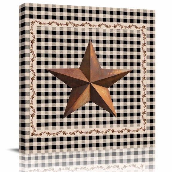 Rusty Country Stars Framed Canvas Wall Art, Farmhouse Berries Vine Black Beige Plaid Wall Art Painting for Living Room Bedroom Home Decor, 16”x16”, Office Artwork Print