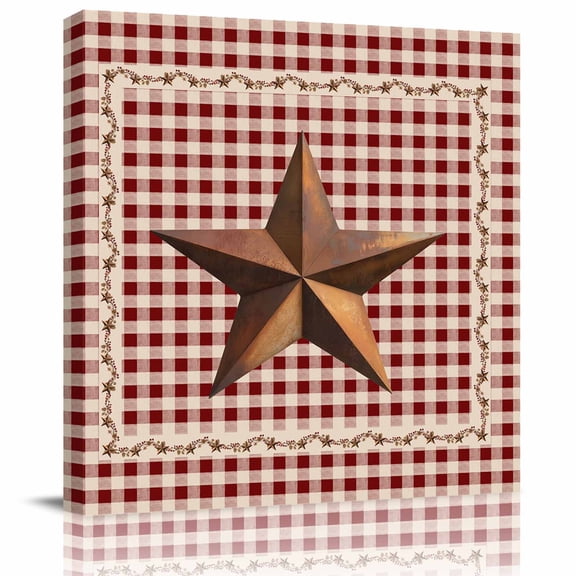 Rusty Country Stars Framed Canvas Wall Art, Farmhouse Berries Vine Red Beige Plaid Wall Art Painting for Living Room Bedroom Home Decor, 24”x24”, Office Artwork Print