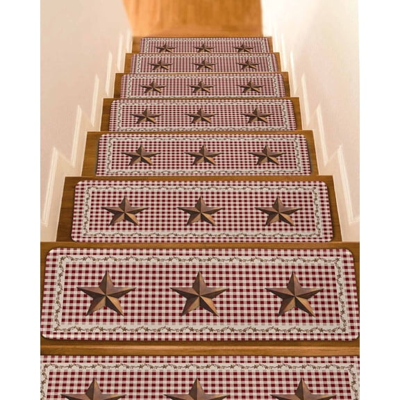 Rusty Country Stars Non-Slip Stair Treads for Wooden Steps, 15 Pack 8x30 Inches Carpet Stair Mats with Adhesive Backing, Noise-Reducing Step Covers for Indoor Stairs, Easy to Install & Residue-Free