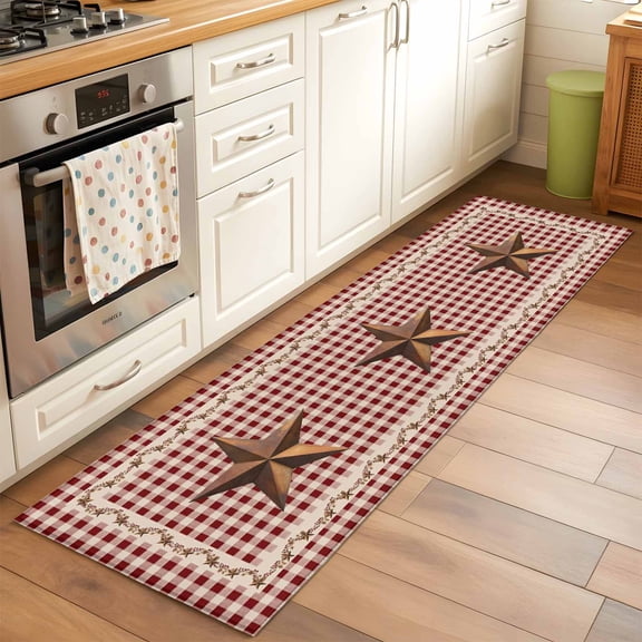 Rusty Country Stars Runner Rugs 2x6 ft Farmhouse Berries Vine Red Beige Plaid Washable Hallway Rugs Non-Slip Floor Mats Absorbent Carpet Bedside Runners for Bedroom Kitchen Bathroom Laundry Room