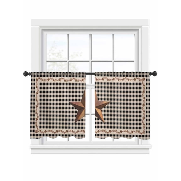 Rusty Country Stars Sheer Curtains 54 Inch Long 2 Panels, Farmhouse Berries Vine Black Beige Plaid Light Filtering Rod Pocket Curtains, Sheer Voile Drapes for Living Room Bedroom, 52"x54"