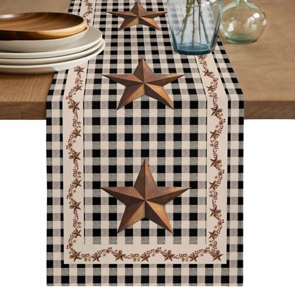 Rusty Country Stars Table Runner, Farmhouse Berries Vine Black Beige Plaid Cotton Linen Kitchen Table Decoration Washable Dining Tabletop Runners for Home Party Decor 13x108 Inches
