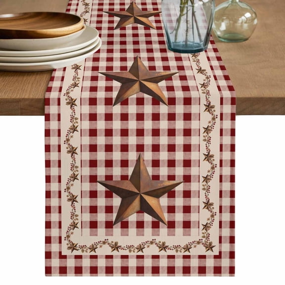 Rusty Country Stars Table Runner, Farmhouse Berries Vine Red Beige Plaid Cotton Linen Kitchen Table Decoration Washable Dining Tabletop Runners for Home Party Decor 13x36 Inches