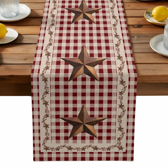 Rusty Country Stars Table Runner, Farmhouse Berries Vine Red Beige Plaid Washable Kitchen Table Runners Dress Scarves for Dining Table Decorations Party, 18x72in