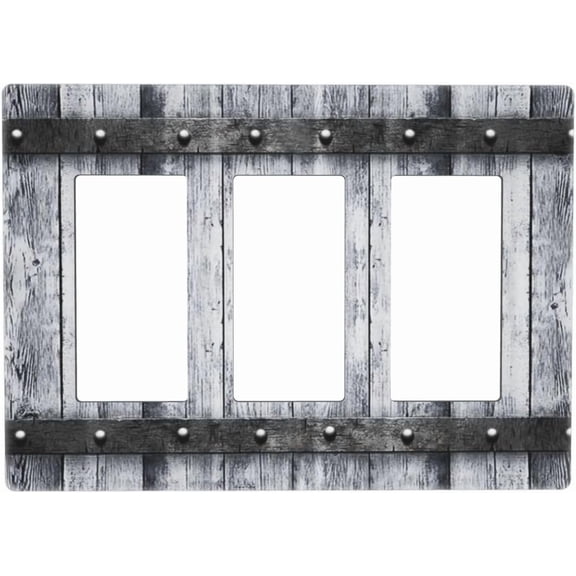 Rusty Distressed White/Grey Wood Decorator/Rocker Light Switch Cover 3 Gang Old Western Country Barn Cabin Copper Nail Garage Screwless Switches GFCI Face Wall Plate Decorative Receptacle Outlet Cove