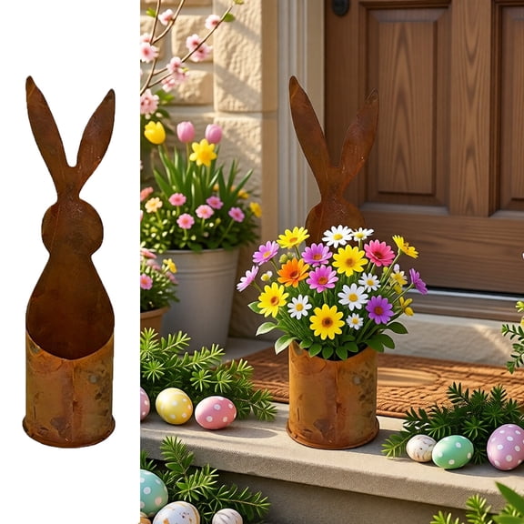 Rusty Iron Bunny Flower Pot, Vintage Easter Rabbit Planter, Creative Metal Plant Container for Outdoor Garden Patio Decor, 9.6 Inch Rustic Succulent Flower Pot, Vintage Yard Ornament, Easter Gift