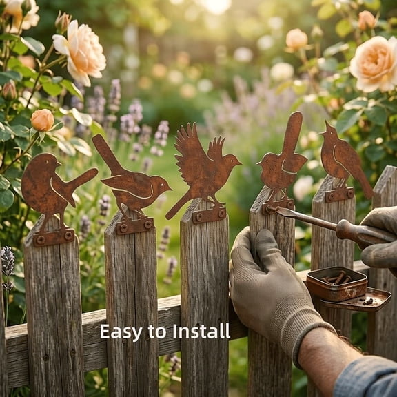 Rusty Metal Bird Silhouette Fence Toppers, 5-Piece Weatherproof Garden Art Decor Set