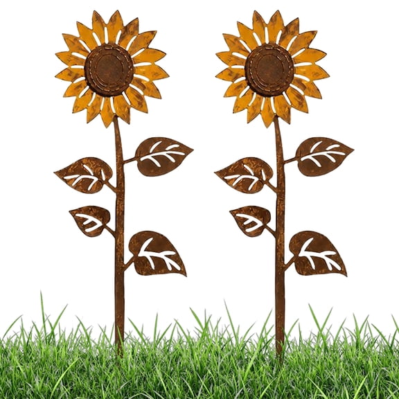 Rusty Metal Dandelion Garden Stakes 2 Pack Vintage Iron Flower Yard Art Outdoor Decor
