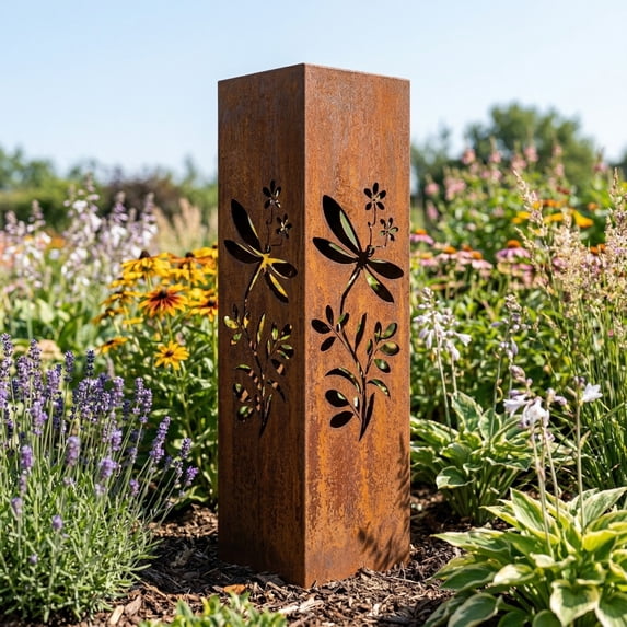 Rusty Metal Garden Column, 15.7 inches Garden Column Rust Steel Statue without Lid, Modern Garden Sculpture, Metal Patio Landscape Decor, Art Column for Lawn, Porch, Backyard Decoration, Style C
