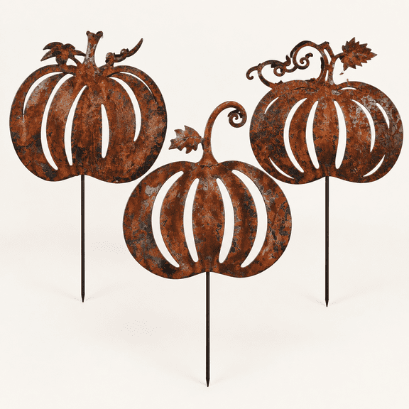 Rusty Metal Pumpkin Garden Stakes, Fall Yard Outdoor Decor