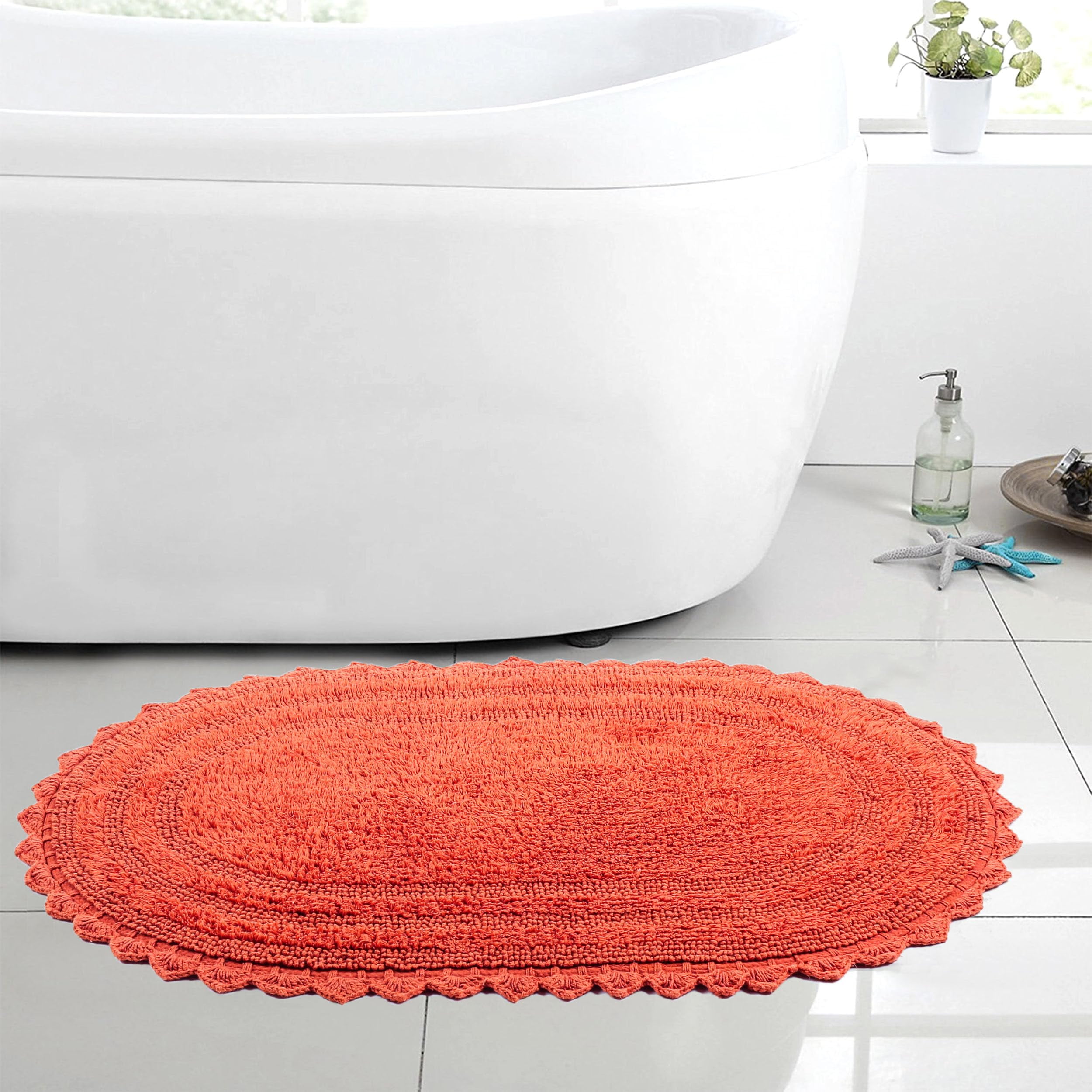 Rusty Orange Crochet Bath Mat 100 Cotton Reversible Bathroom Rug, Oval