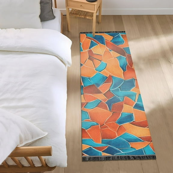 Rusty Orange and Turquoise Blue Random Bedroom Runner Rug 2'x 6' Non Slip Carpet Indoor Home Area Rug Living Room