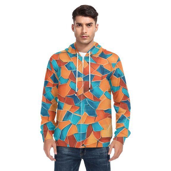 Rusty Orange and Turquoise Blue Random Men’s Hoodies Sweatshirt with Full Zip Pockets Fleece Jackets