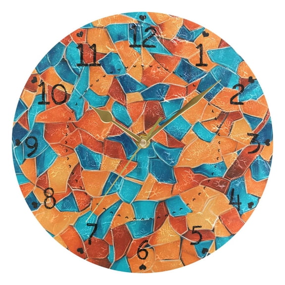 Rusty Orange and Turquoise Blue Random Round Wall Clock Silent Battery Operated Home Decor for Living Room Bedroom