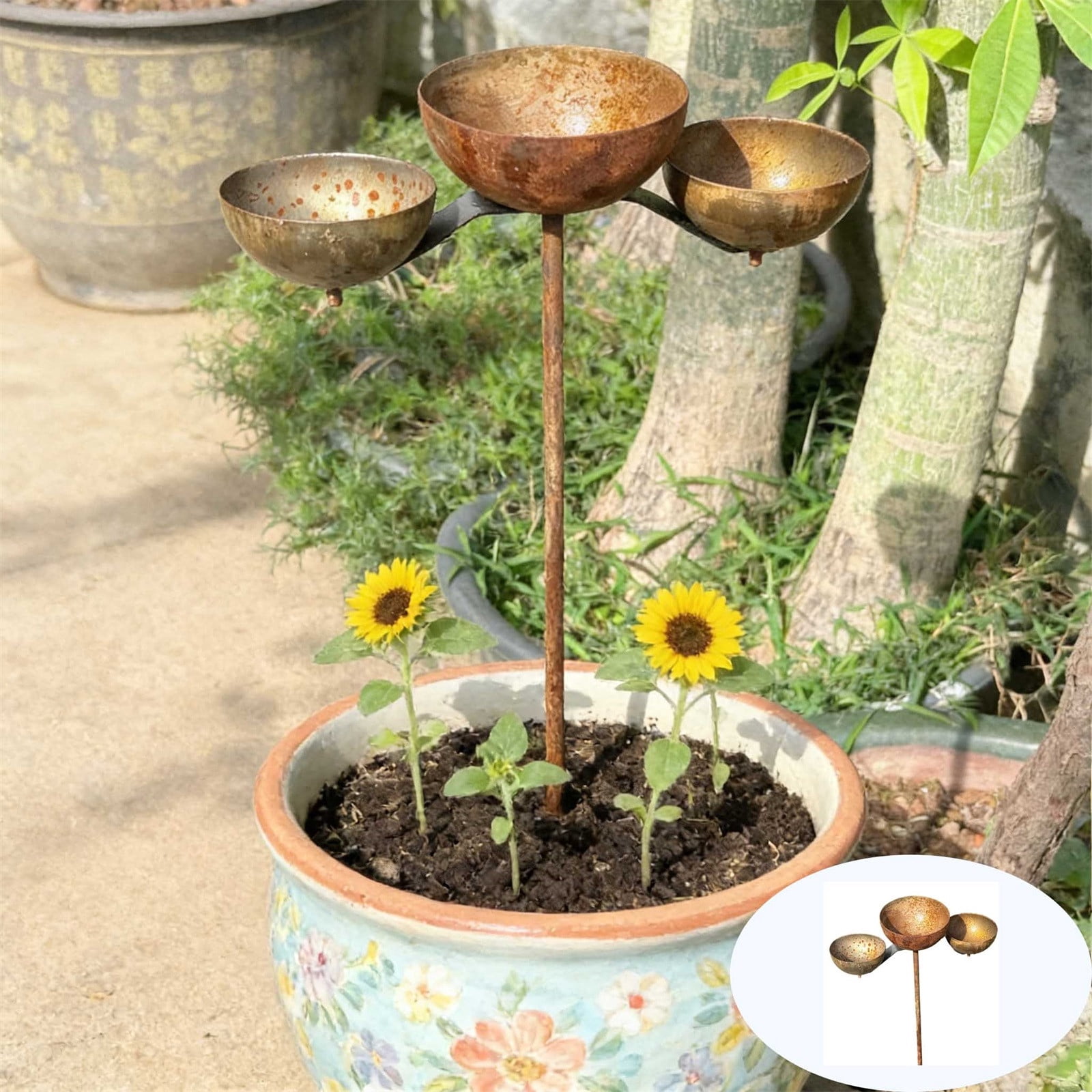 Rusty Rain Catcher Garden Stake, Adjustable Metal Bird Feeder & Bird Bath Bowl, Rustic Vintage Outdoor Garden Decor for Lawn Yard Landscaping, Attract Birds & Beneficial Insects