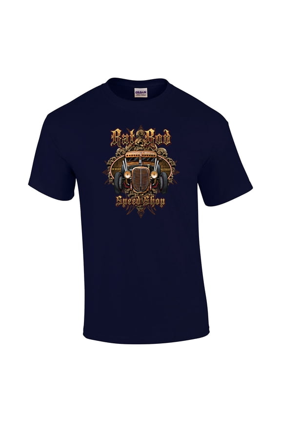 Rusty Rat Rod Speed Shop Short Sleeve T-shirt Auto Automobile Racing Mechanic Garage Classic Antique Retro Gears-Navy-Medium