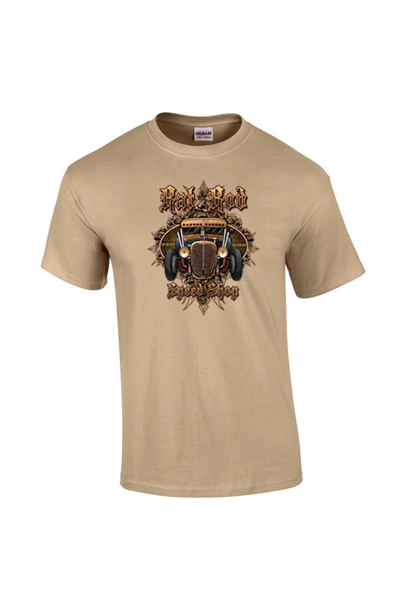 Rusty Rat Rod Speed Shop Short Sleeve T-shirt Auto Automobile Racing Mechanic Garage Classic Antique Retro Gears-Tan-Small