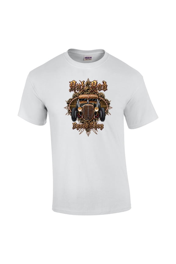 Rusty Rat Rod Speed Shop Short Sleeve T-shirt Auto Automobile Racing Mechanic Garage Classic Antique Retro Gears-White-Large