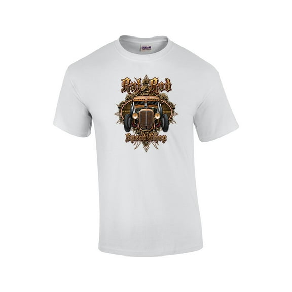 Rusty Rat Rod Speed Shop Short Sleeve T-shirt Auto Automobile Racing Mechanic Garage Classic Antique Retro Gears-White-Small