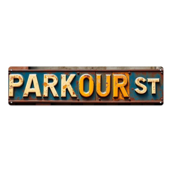 Rusty Road Sign 16*4 in Metal Wall Art Urban Style"PARKOUR ST text on blue background" beach posters bedroom accessories for men trippy room decor street Weathered finish