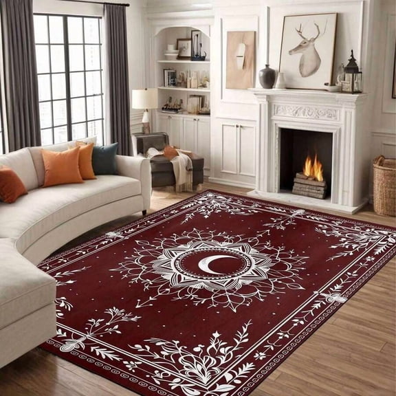 Rusty Rose Mystical Moon Floral Area Rug, Non-Slip Backing, Lightweight Polyester, Machine Washable, Low Pile