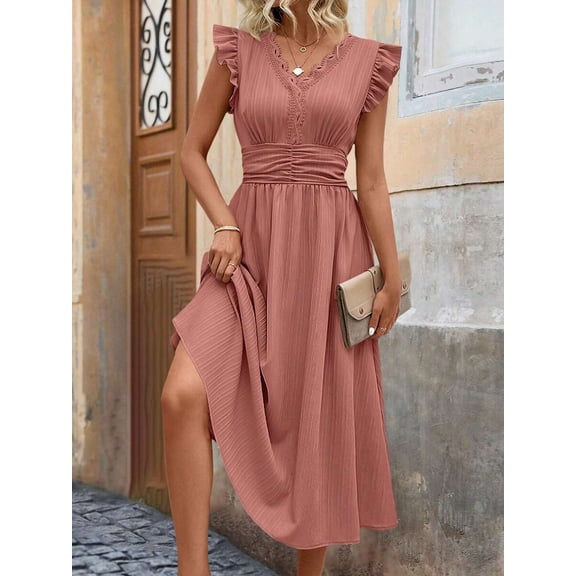 Rusty Rose Ruffle Sleeve V-Neck Ruched Waist Midi Dress With Lace Trim And High-Low Hem