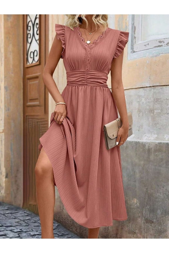 Rusty Rose Ruffle Sleeve V-Neck Ruched Waist Midi Dress With Lace Trim And High-Low Hem