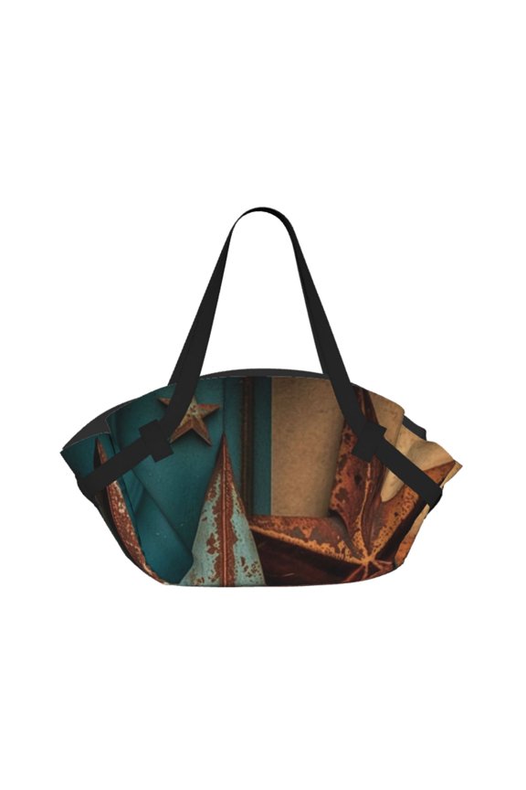Rusty Stars Country Primitive Rustic Vintage 2-in-1 Foldable Picnic Blanket Tote Bag Shoulder Handbag, Large Circular Outdoor Mat for Beach Camping Park