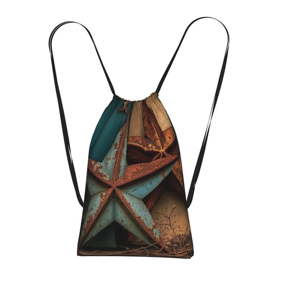 Rusty Stars Country Primitive Rustic Vintage Packable Drawstring Backpack, Lightweight Foldable Cinch Storage Bag for Gym Travel Shopping