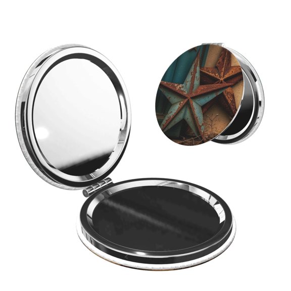 Rusty Stars Country Primitive Rustic Vintage Portable Double-Sided Face Mirror Round Shape, Magnifying Compact Pocket Mirror with PU Leather Cover