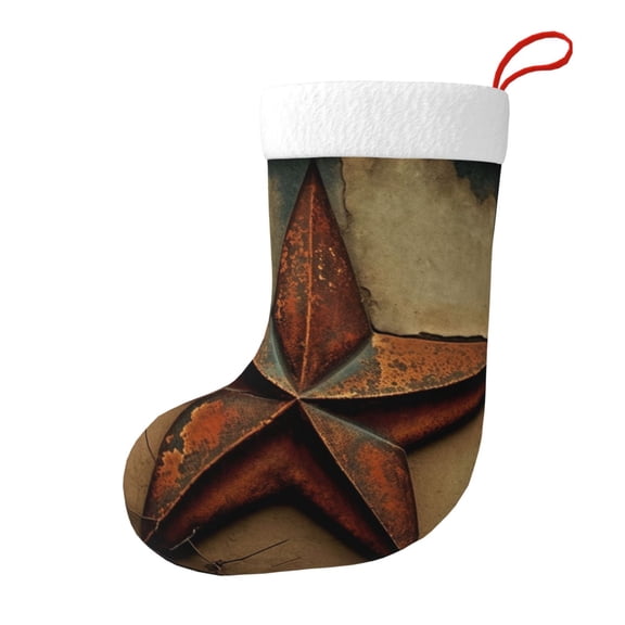 Rusty Stars Primitive Country Rustic Vintage Christmas Stocking, Holiday Tree Stocking with Hanging Loop for Mantel and Fireplace