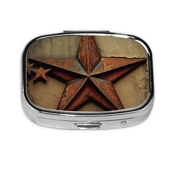 Rusty Stars Primitive Country Rustic Vintage Square Pill Box 2 Compartment Pill Case Medicine Organizer Decorative Gift for Purse Pocket