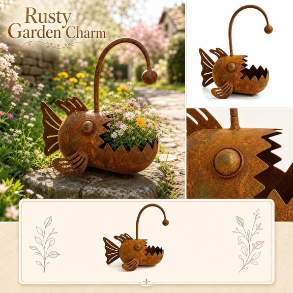 Rusty color Angler Fish Metal Planter, Vintage Weathered Metal Garden Sculpture Pot for Flowers and Succulents, Yard Art Decor
