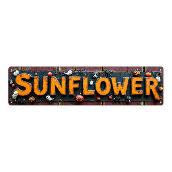 Rusty tin signs 16*4 in metal art spooky Halloween theme"SUNFLOWER with ghosts and pumpkins" stoner room decor grunge wall decor coastal room decor garage weathered finish
