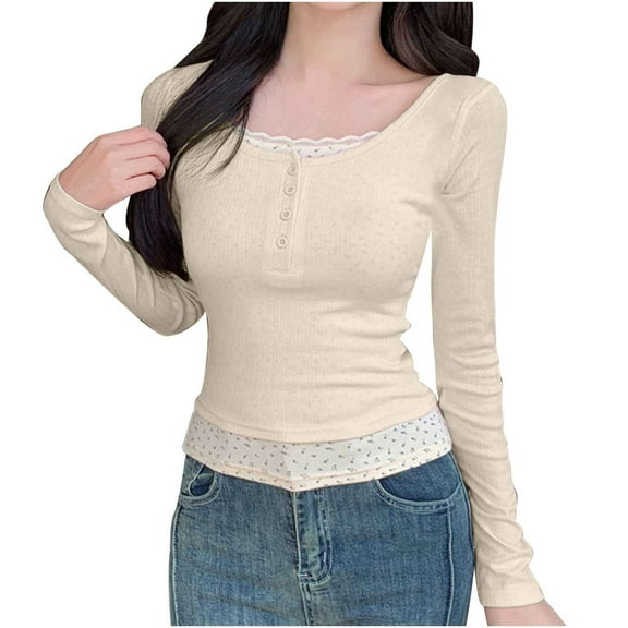 Rutainlusire Blouses for Women Casual Womens Trendy Casual Lace Tops For Women Sexy Long Sleeve V Neck Shirts Slim Fitted Top