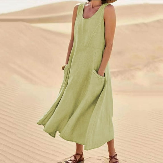 Rutainlusire Womens Dresses Women's Summer Fashion Casual Solid Color Sleeveless Cotton Linen Long Dress