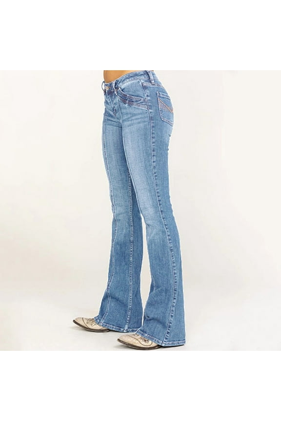 Womens Pants Womens Clothes Women Mid Waisted Jeans Embroidery Stretch Button Flare Pants Jeans