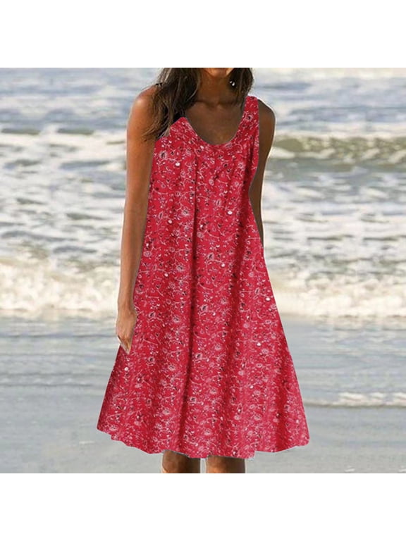 Dresses for Women Under $10, Women's Summer Print Dress Short Sleeve Crew-Neck Loose Dress Beach Dress Sun Dress Ruffled Flowy Midi Dress