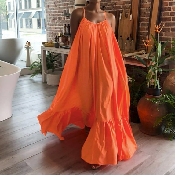 Rutainlusire Dresses for Women Clearance Under $10, Women Fashion Casual Solid Strap Dress Pocket Loose Backless Big Dress