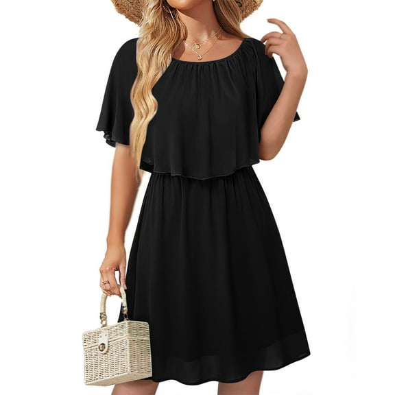 Rutainlusire Dresses for Women Under $10, Women's Summer Solid Color Sleeveless Capelet Sleeve Flowy Knee Length Dresses