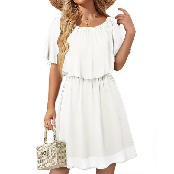 Rutainlusire Dresses for Women Under $10, Women's Summer Solid Color Sleeveless Capelet Sleeve Flowy Knee Length Dresses