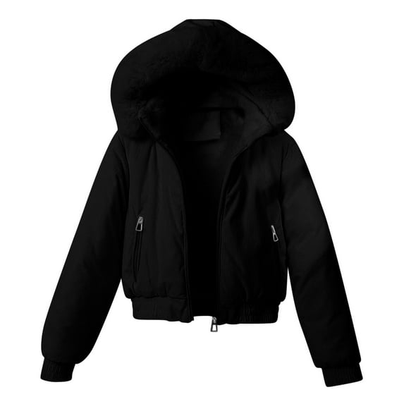 Rutainlusire Fall Winter Warm Solid Color Hooded Puffer Jackets Women's Solid Short Corduroy With Thick Velvet Full Zipper With Pocket Detachable Hat Hooded Stand Up Collar Jacket Outerwear