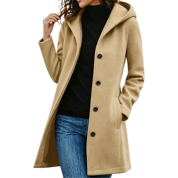 Rutainlusire Ladies Long Hooded Coat, Button Down Wool Blend Jacket with Pockets, Relaxed Fit Warm Overcoat for Fall Winter Outings