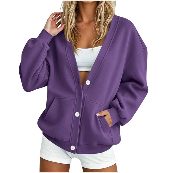 Rutainlusire Ladies V-Neck Button Up Fleece Sweatshirt with Kangaroo Pocket for Casual Wear