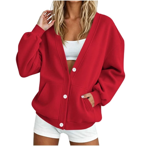 Rutainlusire Ladies V-Neck Button Up Fleece Sweatshirt with Kangaroo Pocket for Casual Wear